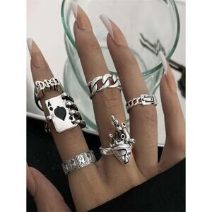 6x Silver Goth Emo Punk Rings Set – Heart Ace Dice Skeleton